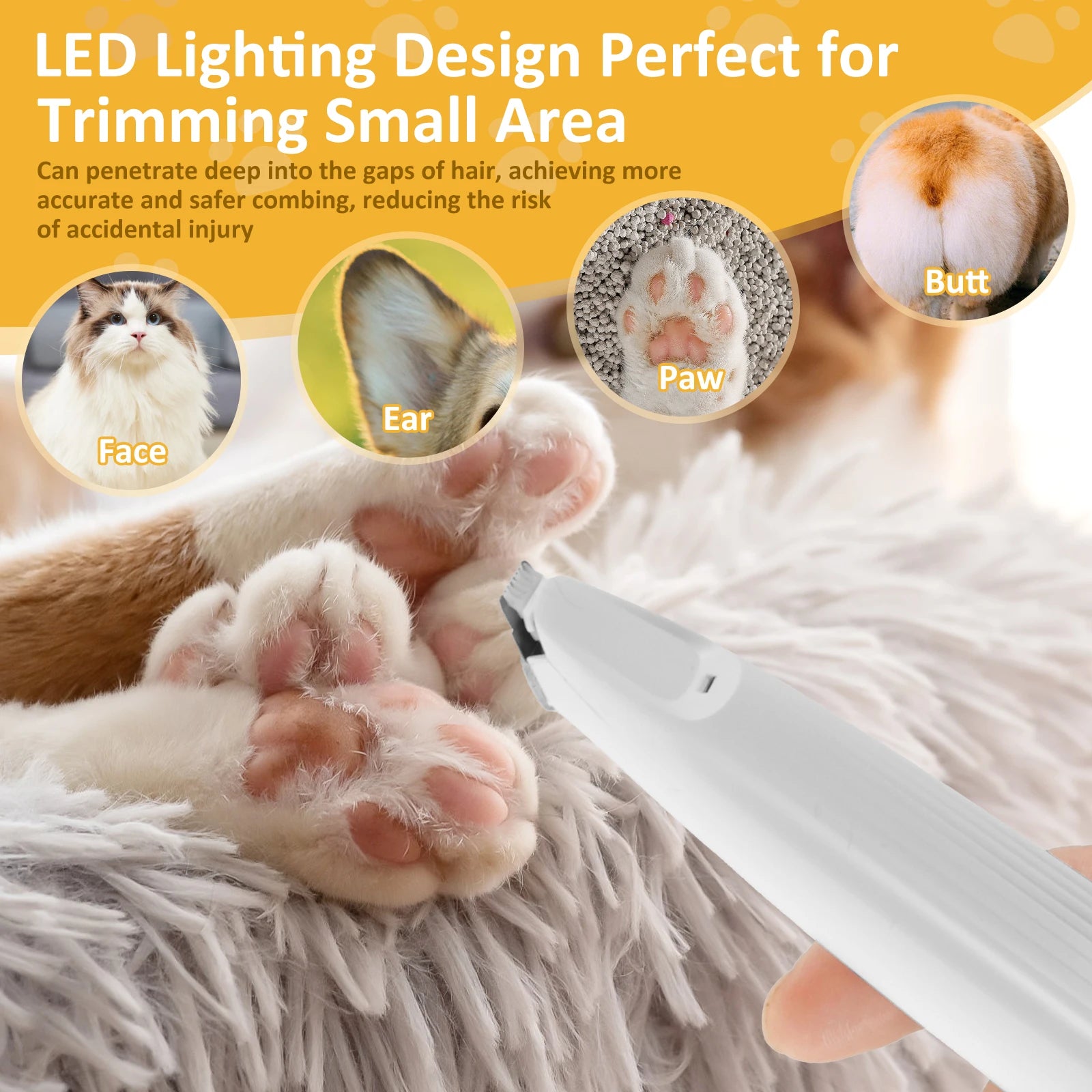 Dog Paw Trimmer Low Noise Pet Hair Shaver with LED Light USB Rechargeable Pet Grooming CDlippers for Dog Cat Face Ears Hips Feet